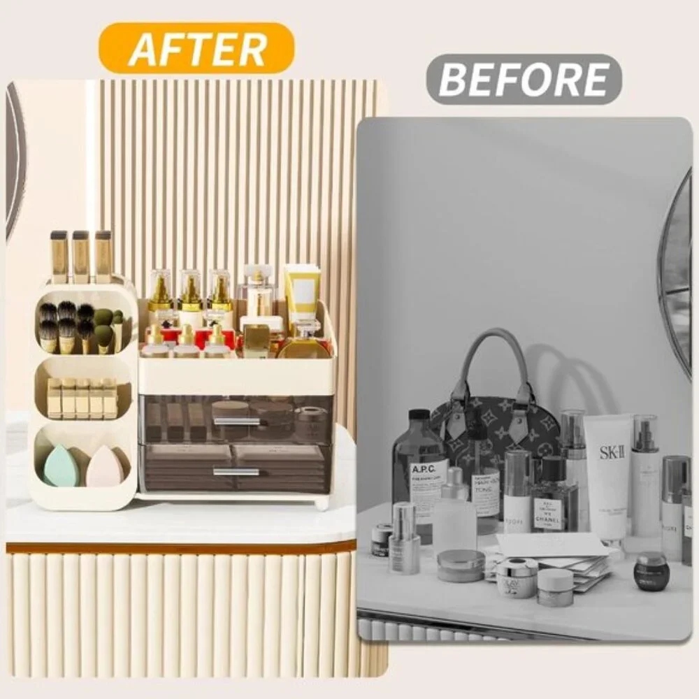 New Large Makeup Organizer, Cream Vanity Storage with Drawers & Brush Holder